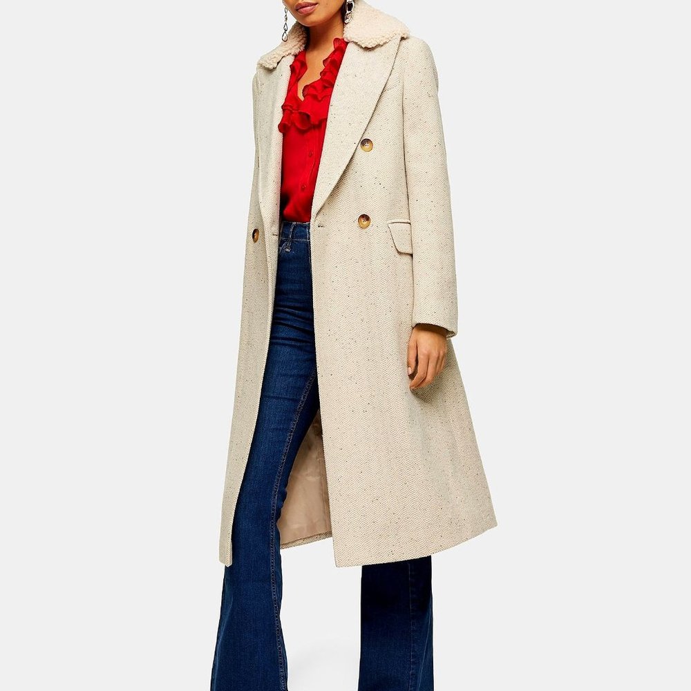 NEW TOPSHOP Tan Oat Herringbone Long Pea Coat